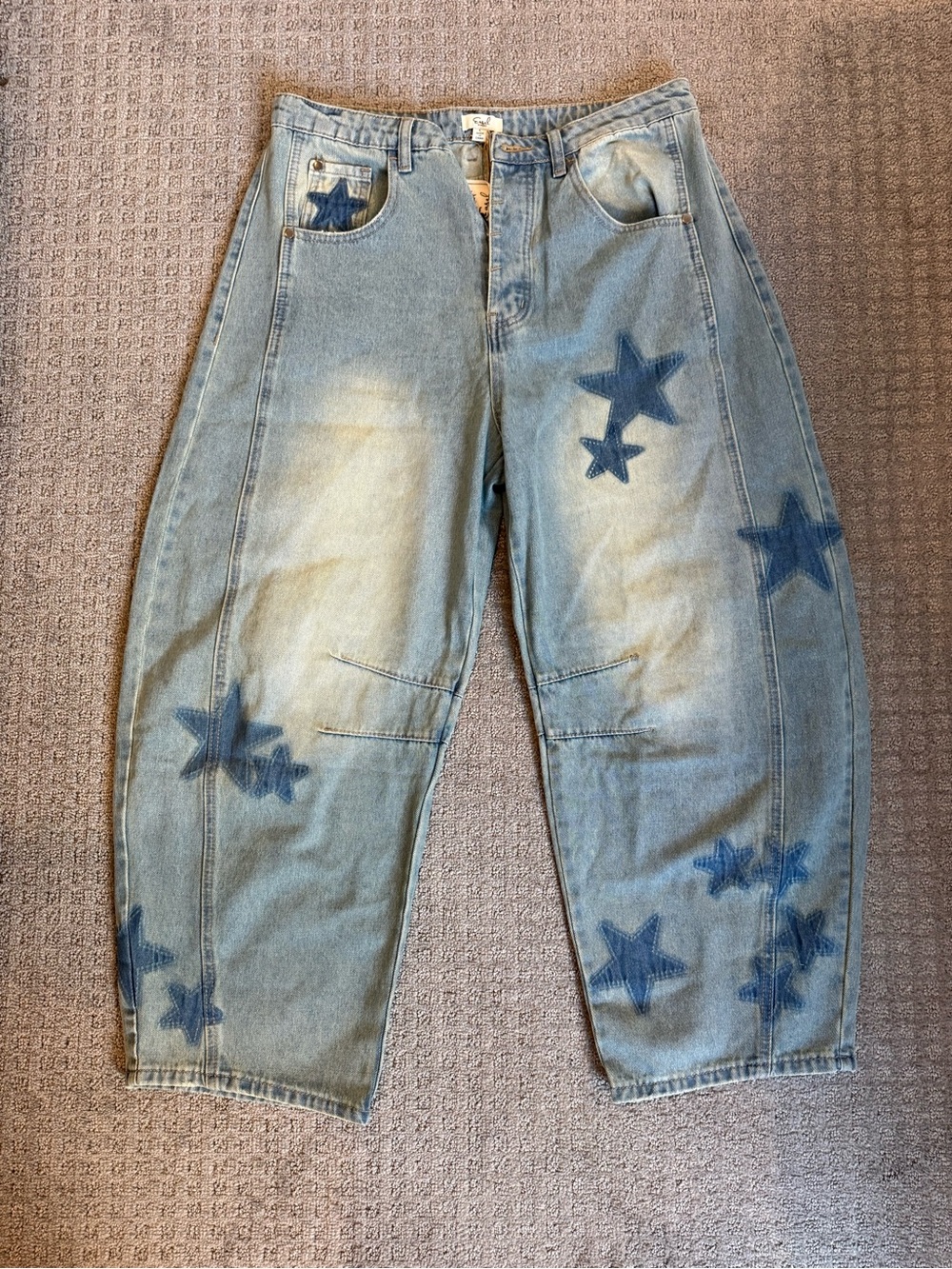 Three Bird Nest Light Blue Denim Barrel Jeans with Dark Blue Star Motif